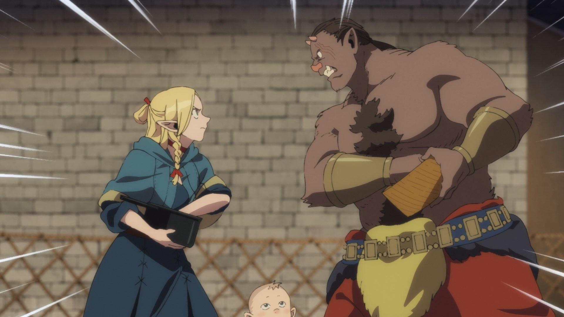 Marcille from Delicious in Dungeon agrily yells at the orc chief Zon while kneading bread dough.